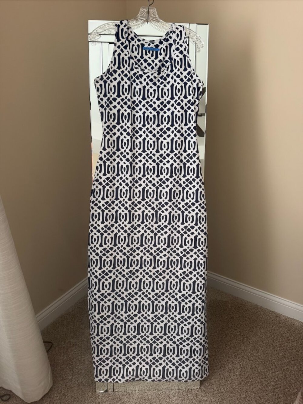 J. McLaughlin maxi dress pattern built in bra sleeveless medium navy stretch